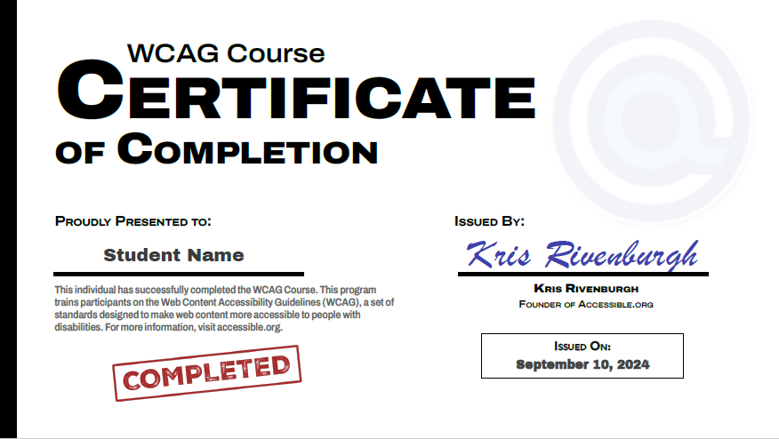 WCAG-Course_Certificate WCAG Course Certificate of Completion sample. Full text below.